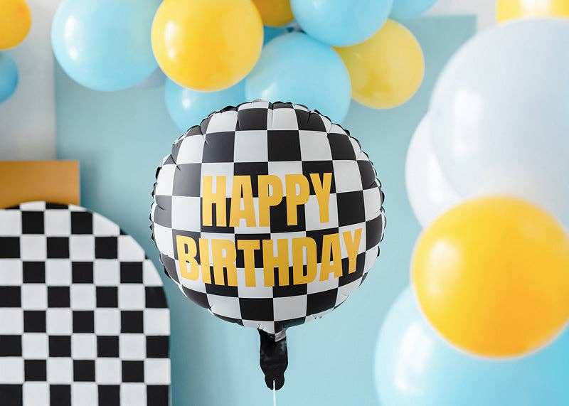 Checkered Flag Happy Birthday Round Foil Balloon 18 in.